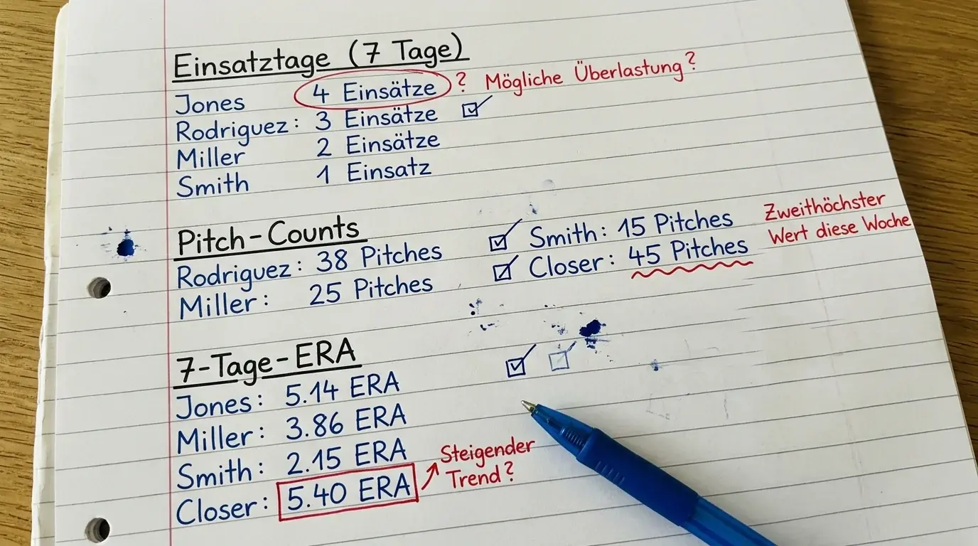 Bullpen-Müdigkeit Metriken für Baseball-Wetten: Einsatztage, Pitch-Counts und 7-Tage-ERA als Analyse-Werkzeuge