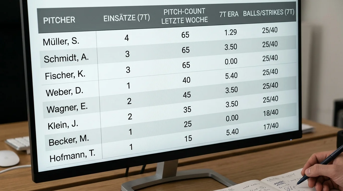 Pitch-Count Tracking für MLB Relief-Pitcher: FanGraphs Ansicht mit Einsatzhäufigkeit und Wurfzahl der letzten 7 Tage