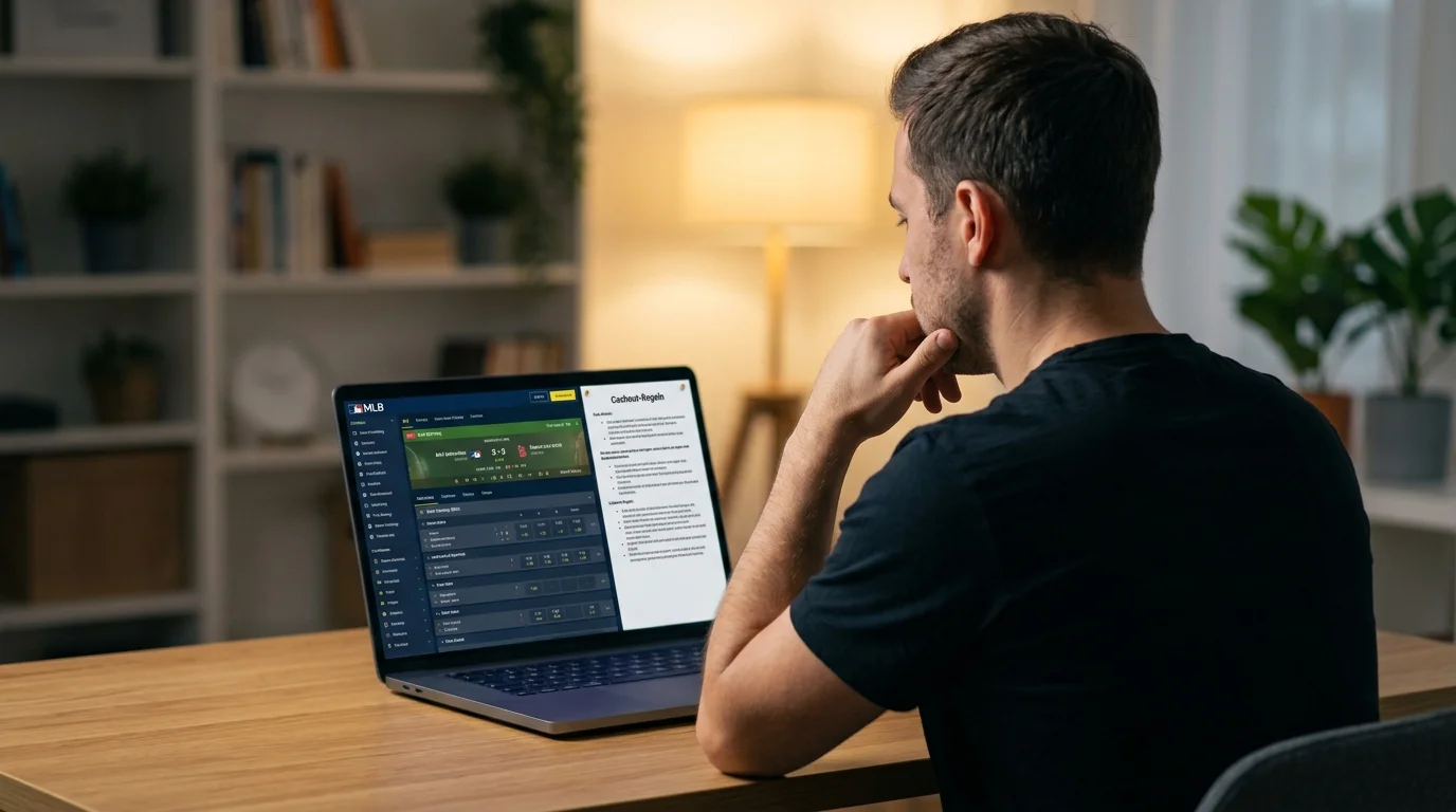 Sportwetter übt emotionale Disziplin beim Cashout-Entscheid für Baseball-Live-Wetten auf dem Laptop