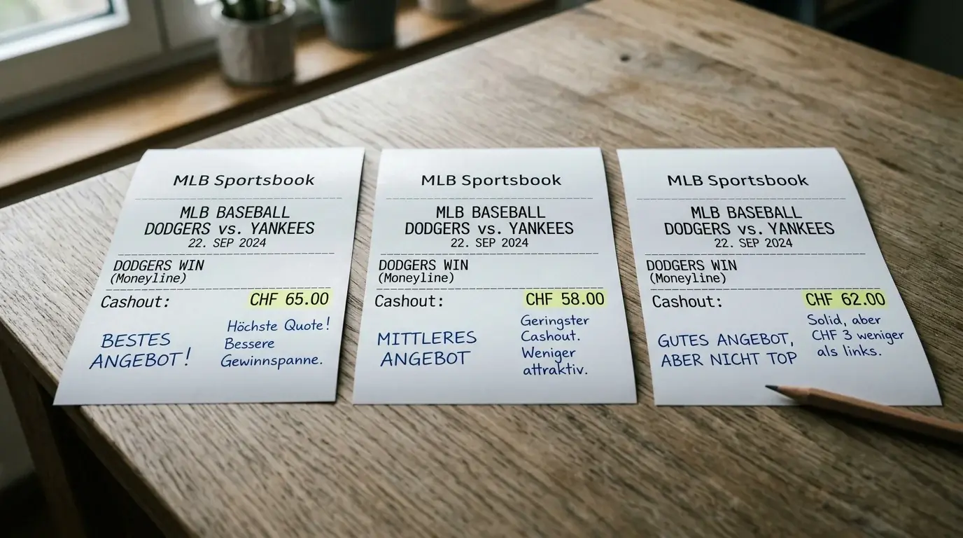 Vergleich von Cashout-Quoten bei verschiedenen Baseball-Buchmachers für dieselbe MLB-Wette