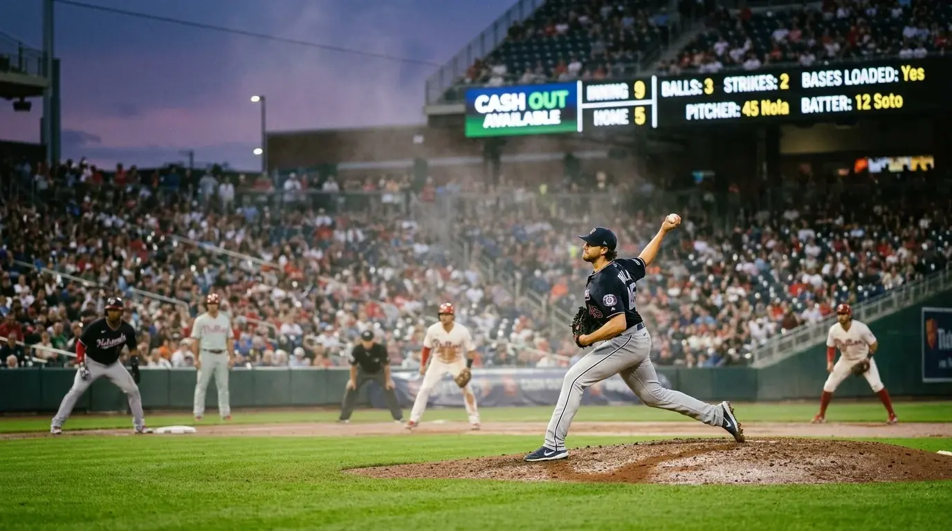 Baseball-Spielsituation im neunten Inning mit Pitcherwechsel als typischer Cashout-Entscheidungsmoment