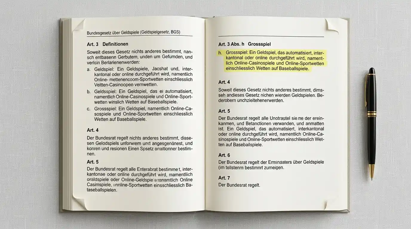 Definition des Grossspiels im Geldspielgesetz BGS der Schweiz mit Erläuterung zu Online-Sportwetten und Baseball