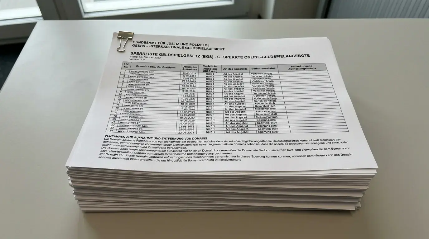 Gespa-Sperrliste mit gesperrten Buchmacher-Domains in der Schweiz als Massnahme des Geldspielgesetzes