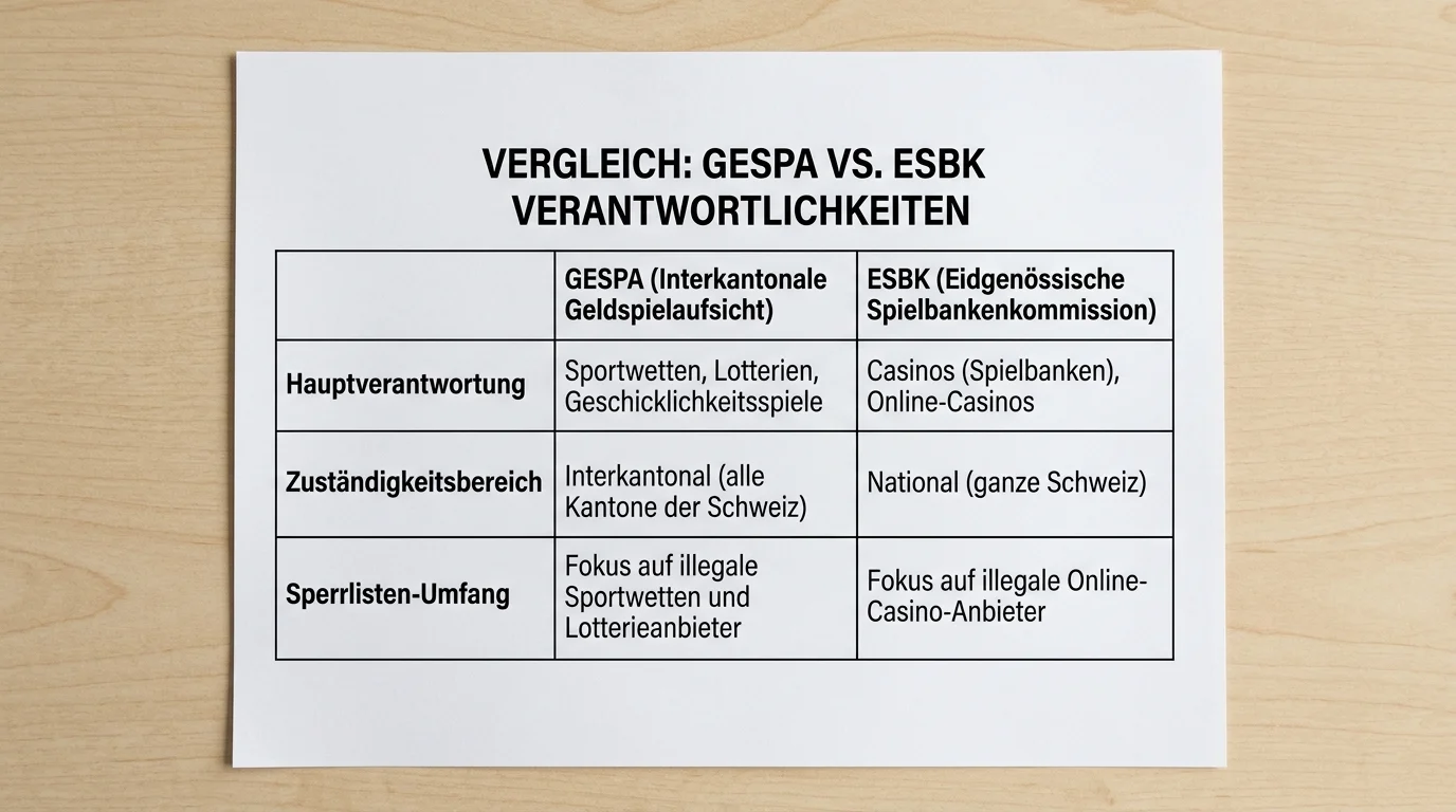 Vergleich Gespa-Sperrliste und ESBK-Blocklist – Zuständigkeiten und Unterschiede für Schweizer Sportwetter