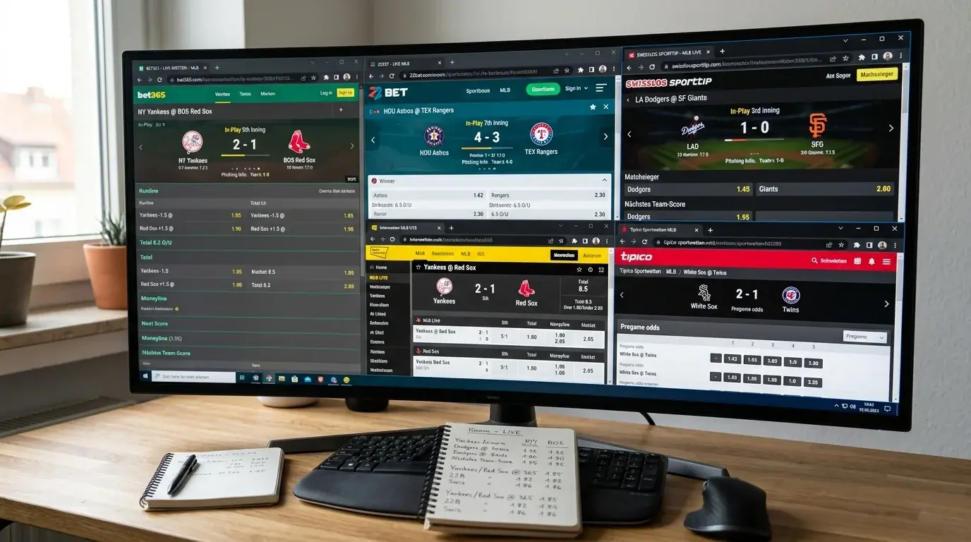 Übersicht der Live-Tracker- und Livestream-Funktionen verschiedener MLB-Buchmacher für Schweizer Sportwetter