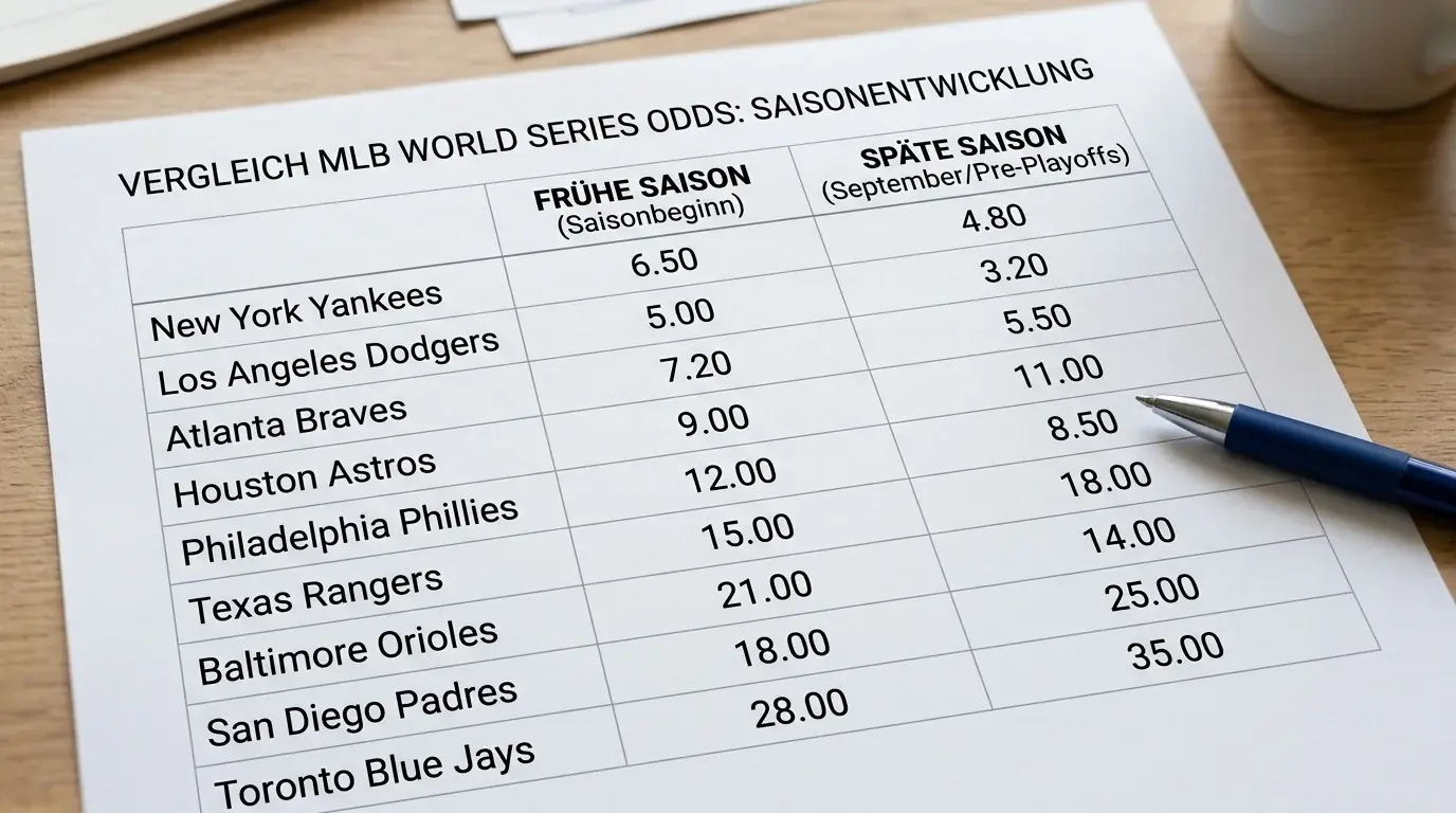 World Series Wettquoten 2026: Futures-Markt für den MLB-Meister mit frühen und späten Saison-Quoten im Vergleich