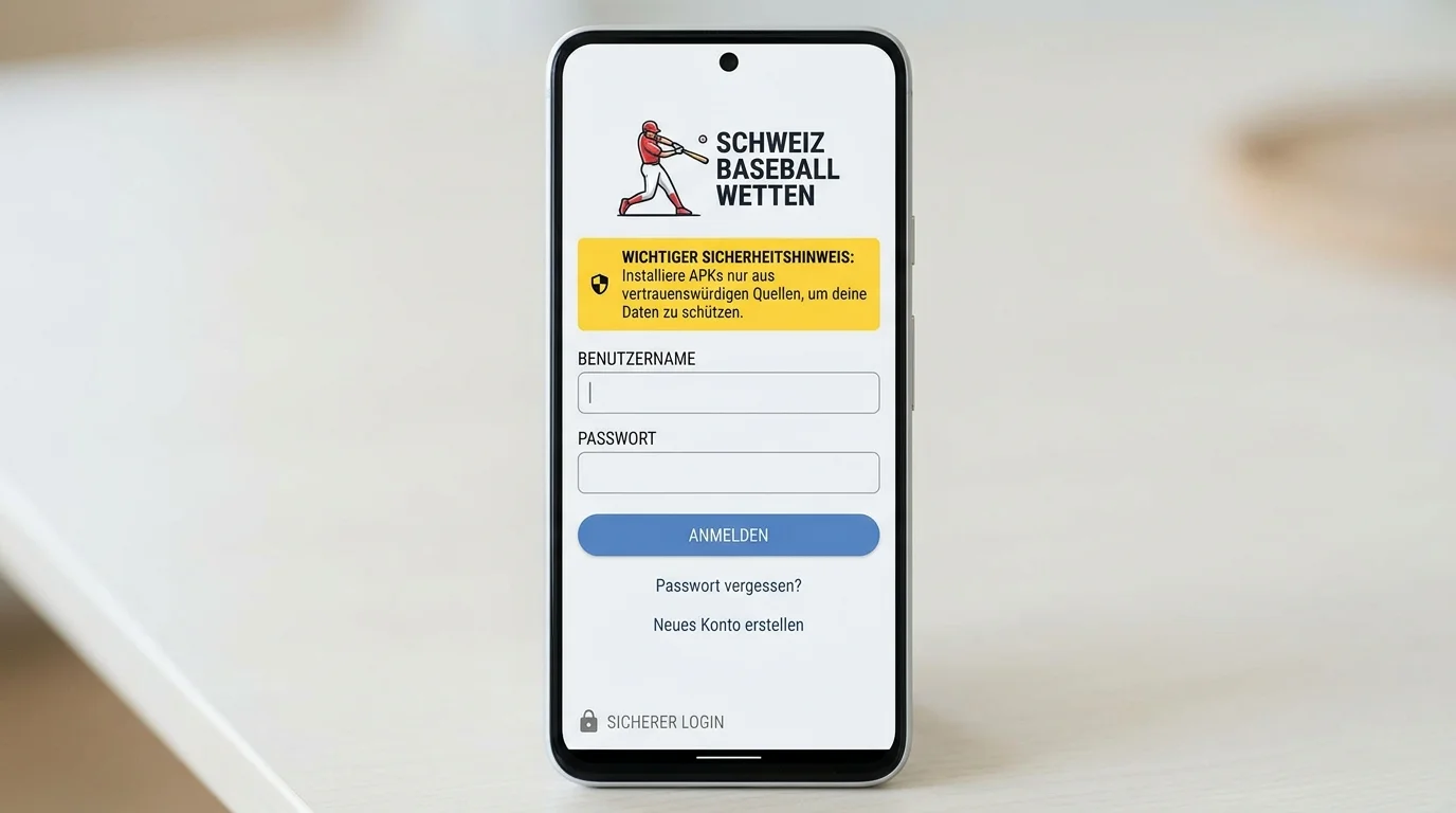 Android-Login-Oberfläche einer Baseball-Wett-App mit Sicherheitshinweis zur APK-Installation
