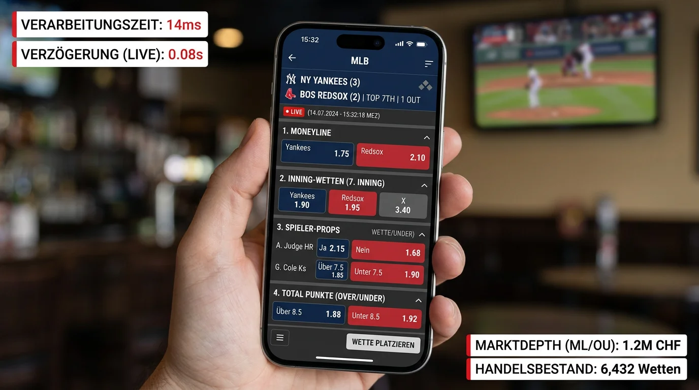 App-Performance-Test bei einer MLB-Live-Wette auf dem Smartphone mit Markttiefe-Übersicht und Wettoptionen