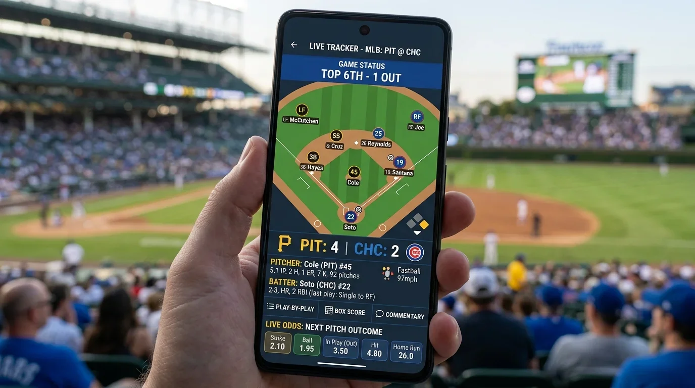 Live-Tracker für MLB-Baseball-Wetten in einer mobilen App mit animiertem Spielfeld und Innings-Statistiken
