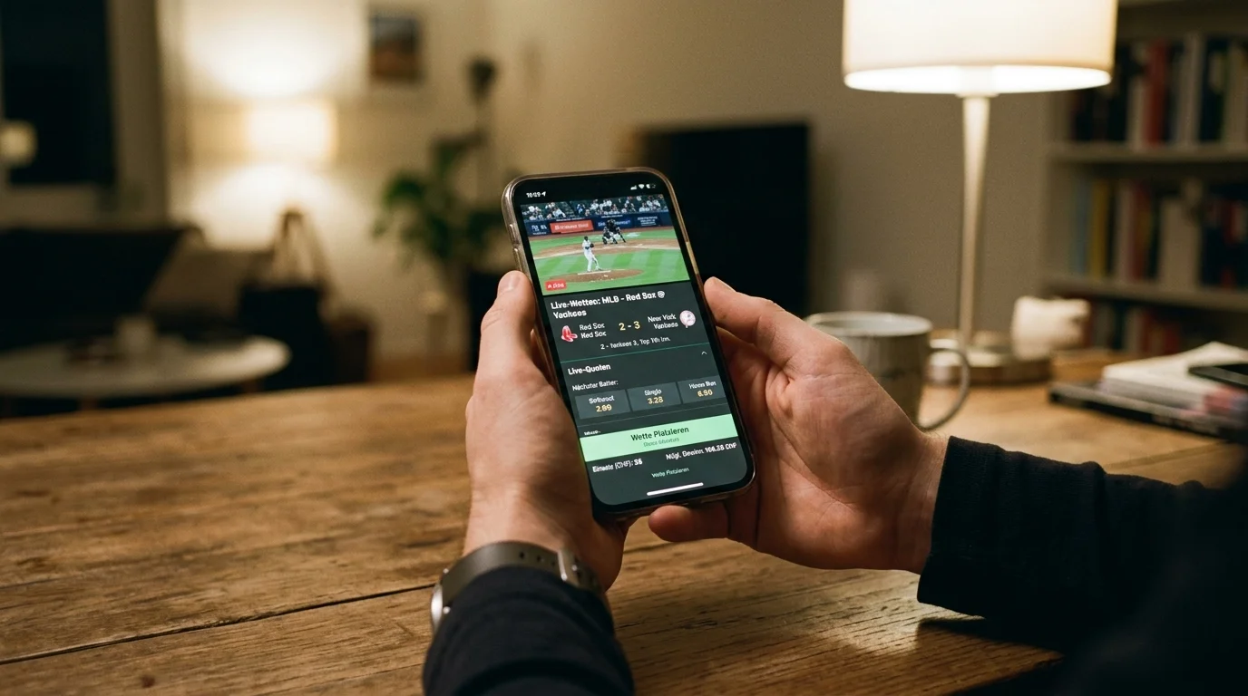 Schweizer Sportwetter platziert mobile Baseball-Wette auf dem Smartphone während eines MLB-Live-Spiels