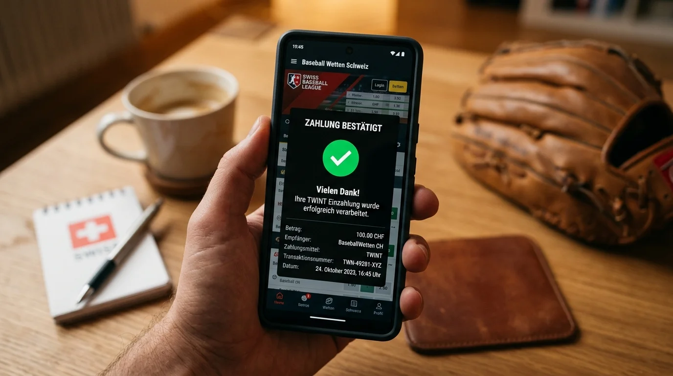 Twint-Einzahlung bei einer mobilen Baseball-Wett-App in der Schweiz mit Zahlungsbestätigung auf dem Smartphone