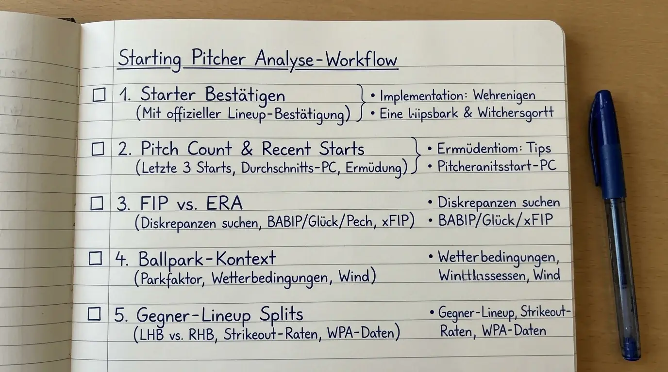 Schritt-für-Schritt-Workflow für die Pitcher-Analyse vor einer Baseball-Wette mit ERA FIP und WHIP