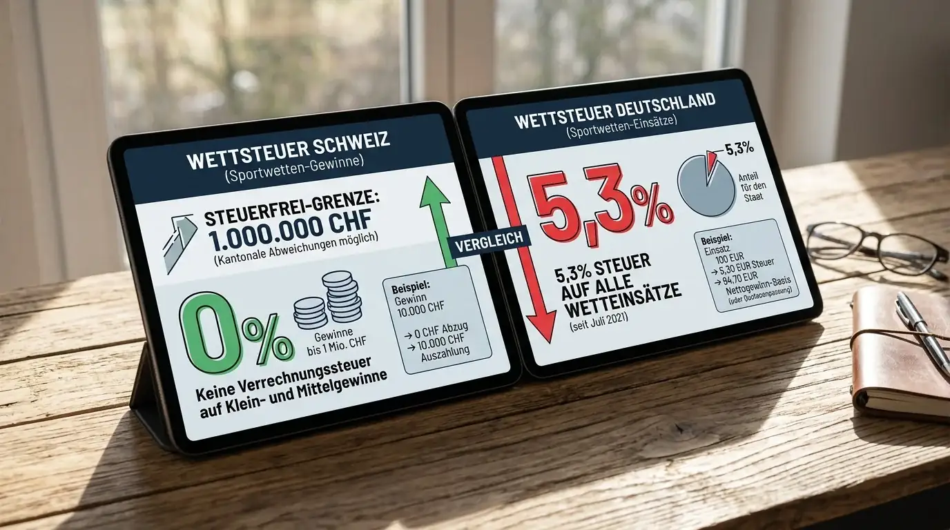 Vergleich Wettsteuer Schweiz vs Deutschland: CHF-1-Million-Freigrenze vs 5,3-Prozent-Einsatzsteuer